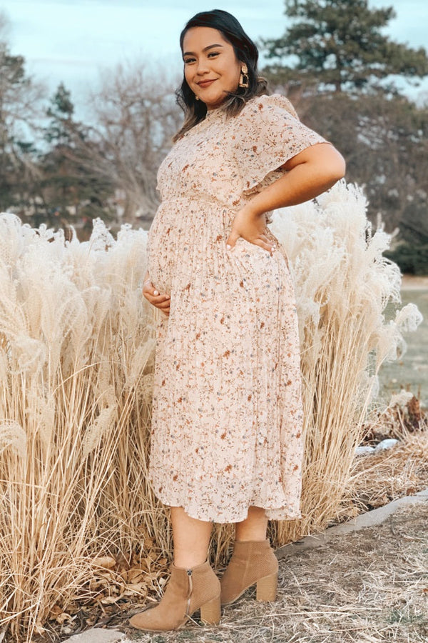 PinkBlush Beige Floral Pleated Chiffon Maternity Midi Dress