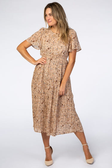 PinkBlush Beige Floral Pleated Chiffon Midi Dress