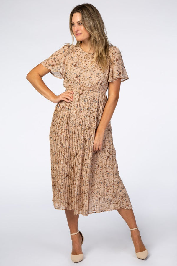 PinkBlush Beige Floral Pleated Chiffon Midi Dress