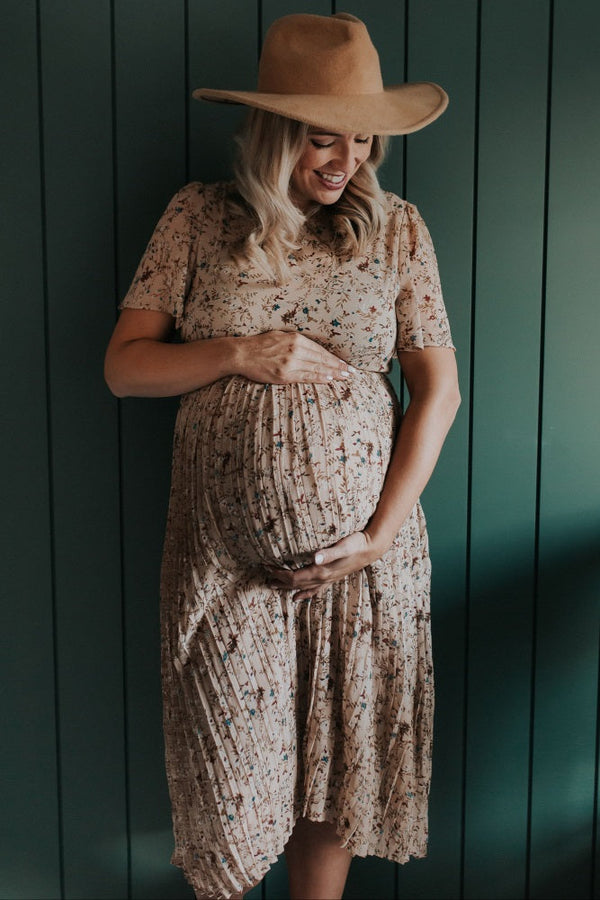Beige Floral Pleated Short Sleeve Chiffon Maternity Midi Dress