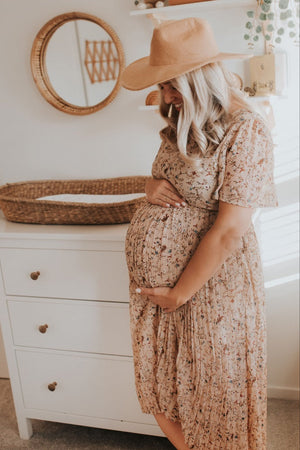 PinkBlush Beige Floral Pleated Chiffon Maternity Midi Dress
