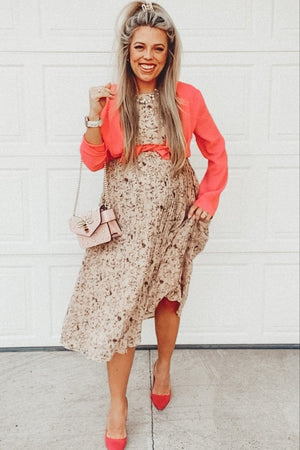 PinkBlush Beige Floral Pleated Chiffon Maternity Midi Dress