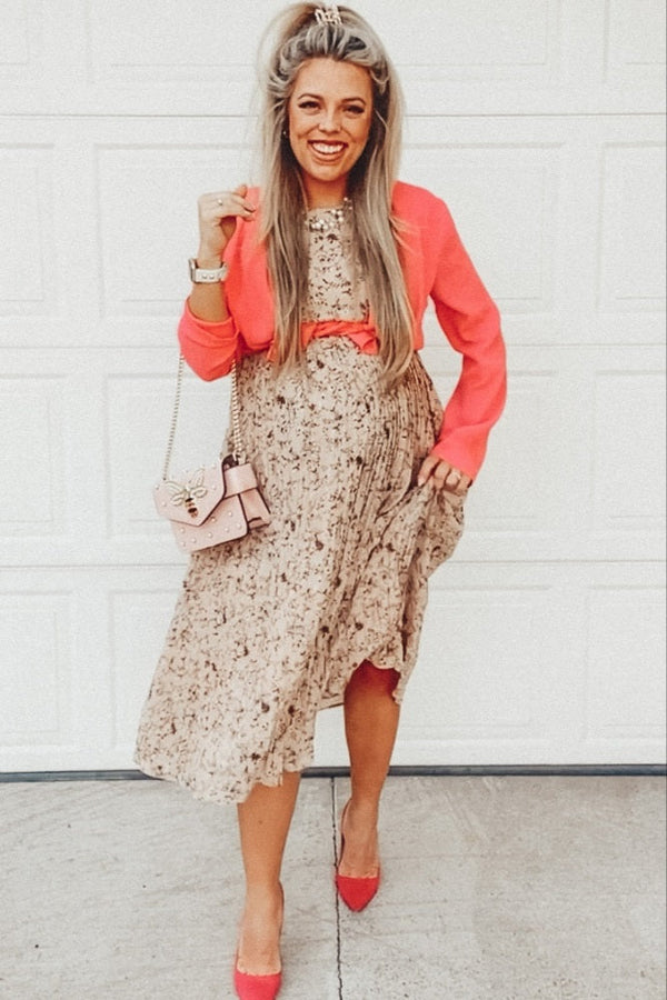 PinkBlush Beige Floral Pleated Chiffon Maternity Midi Dress