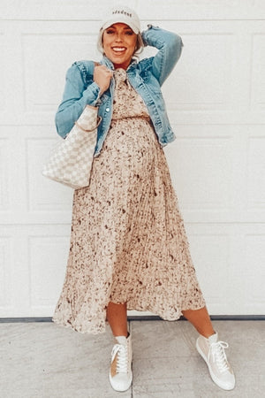 PinkBlush Beige Floral Pleated Chiffon Maternity Midi Dress