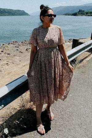 Beige Floral Pleated Chiffon Midi Dress