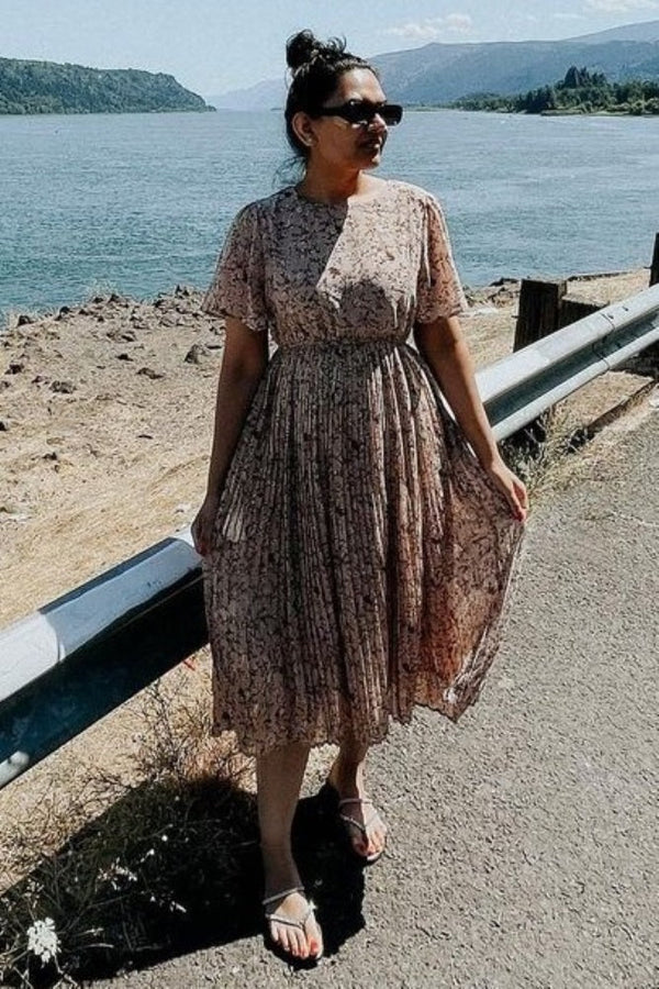 Beige Floral Pleated Chiffon Midi Dress