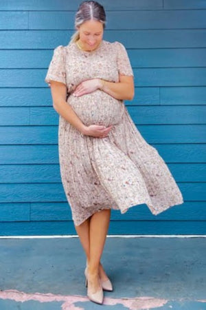 PinkBlush Beige Floral Pleated Chiffon Maternity Midi Dress