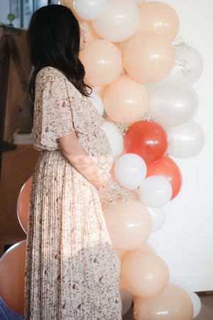 Beige Floral Pleated Short Sleeve Chiffon Maternity Midi Dress