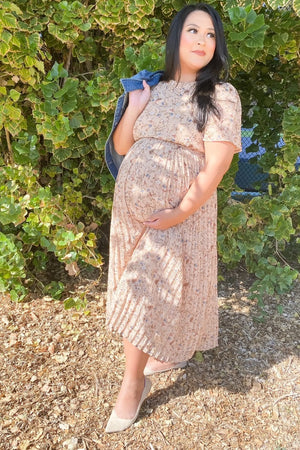 PinkBlush Beige Floral Pleated Chiffon Maternity Midi Dress