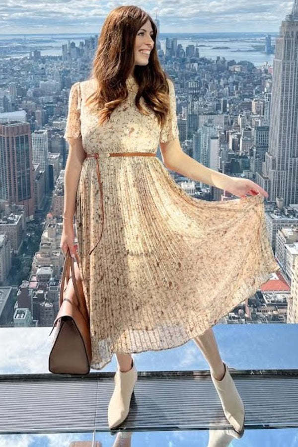 PinkBlush Beige Floral Pleated Chiffon Maternity Midi Dress