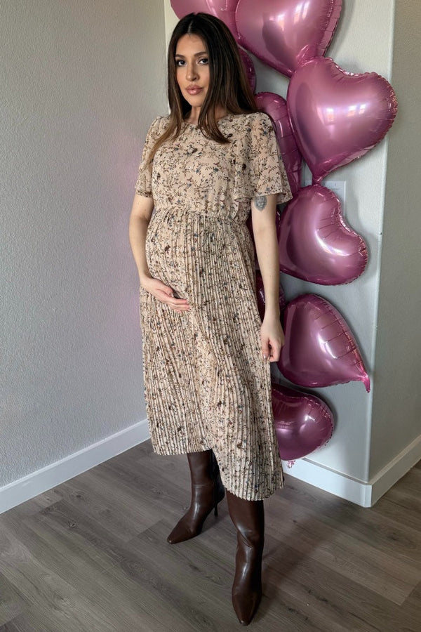 Beige Floral Pleated Short Sleeve Chiffon Maternity Midi Dress