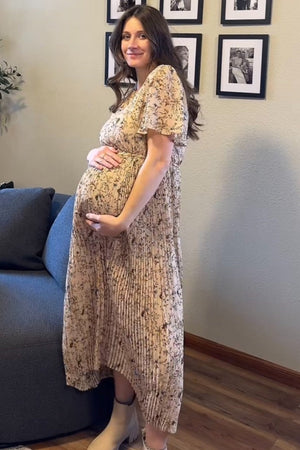 PinkBlush Beige Floral Pleated Chiffon Maternity Midi Dress