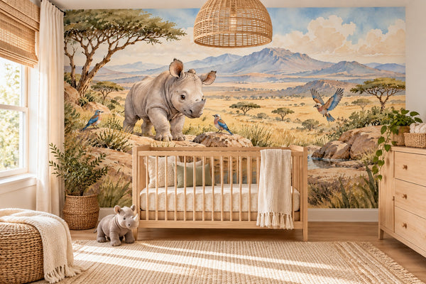 Watercolor Baby Rhino Safari Wall Mural, image 1
