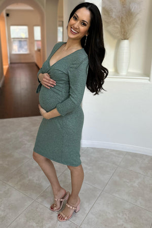 Green Brushed Knit Wrap Fitted Maternity/Nursing Dress