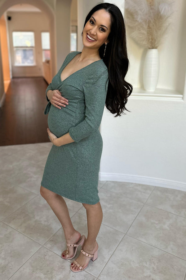 Green Brushed Knit Wrap Fitted Maternity/Nursing Dress