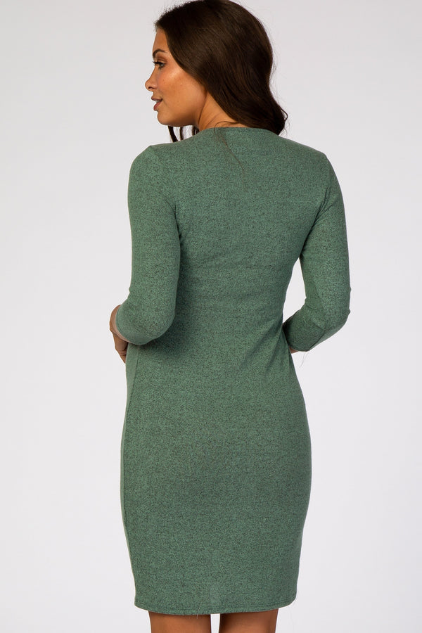 Green Brushed Knit Wrap Fitted Maternity/Nursing Dress