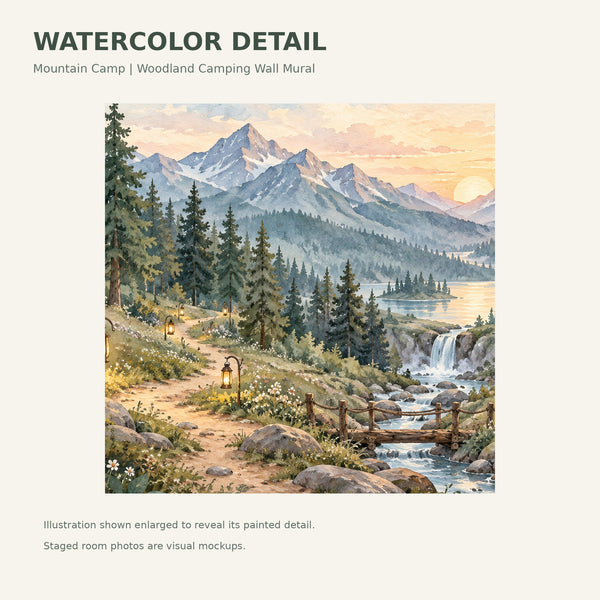 Watercolor Mountain Camp Camping Wall Mural, image 4