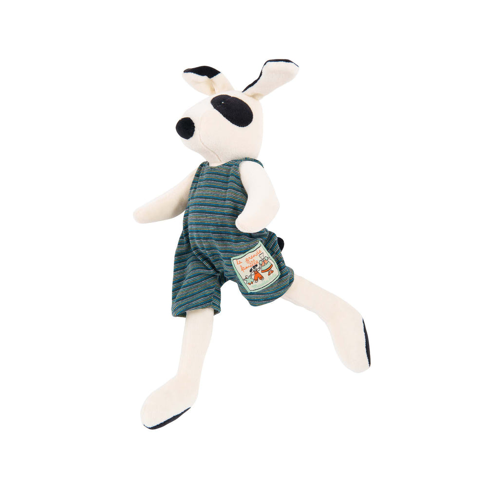 "Julius the Dog plush toy from Moulin Roty, perfect for babies and toddlers, soft and cuddly for playtime."