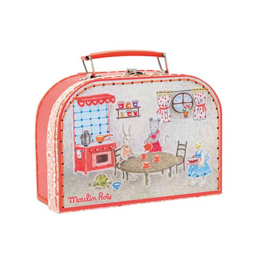 "Tea Party Ceramic Set in a suitcase by Moulin Roty - perfect for family fun and imaginative play."