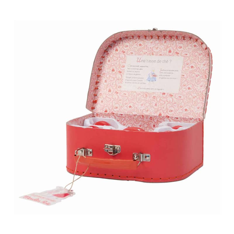 "Tea Party Ceramic Set in a suitcase by Moulin Roty - perfect for family fun and imaginative play."