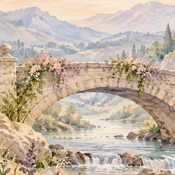 Castle Bridge Fairy Tale shower curtain, close up of the watercolor artwork