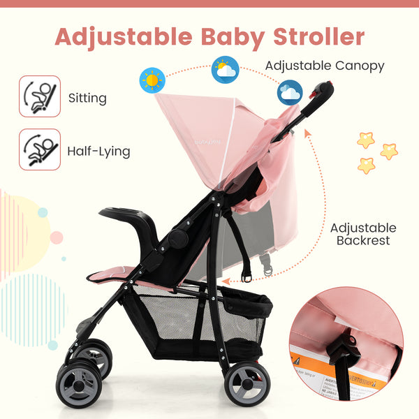 Toddler travel stroller for airplane with canopy and adjustable backrest, angled view showcasing design and features.
