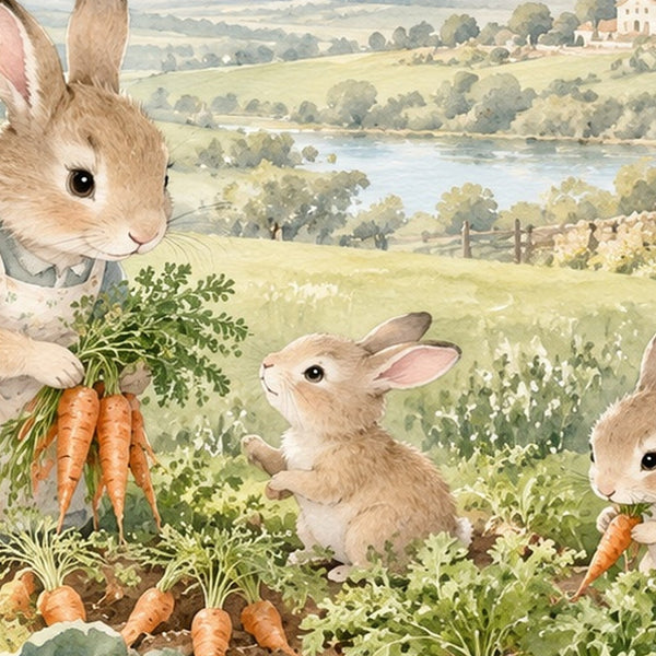 Bunny Garden Farm shower curtain, close up of the watercolor artwork