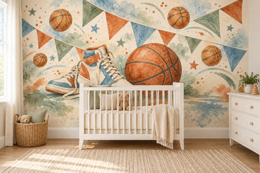 Watercolor Vintage Basketball Gear Wall Mural, image 1