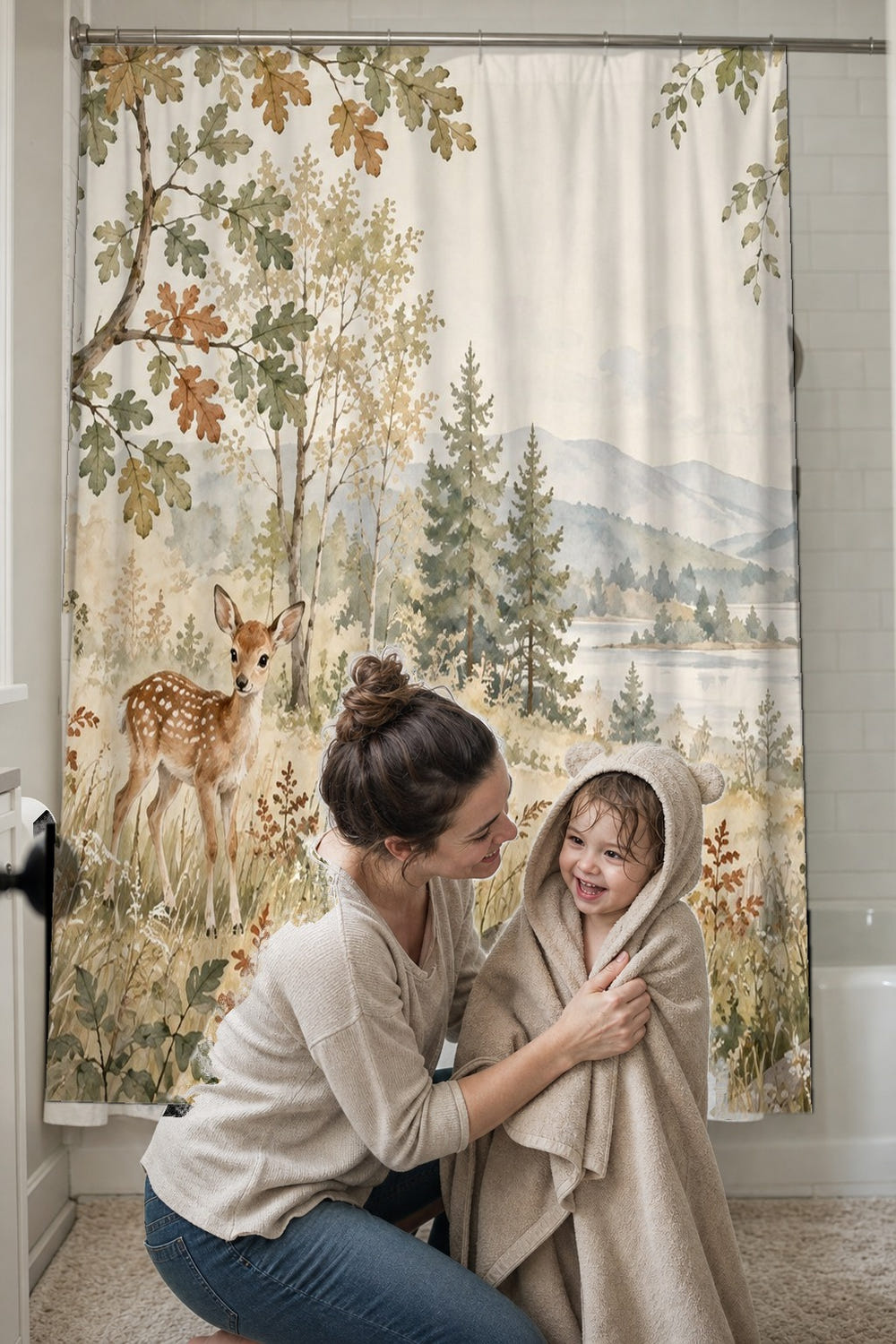 Squirrel and Fawn Forest shower curtain, full front view of the 71 x 74 in fabric curtain