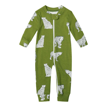 100% Organic Cotton Zip Footless Pajamas in Green Cheetah design for babies, soft and stylish sleepwear.