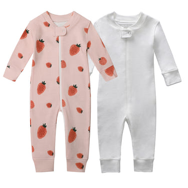100% Cotton Footless Zip Pajamas 2 pack in Pink Strawberry & White for babies, soft and comfortable sleepwear.