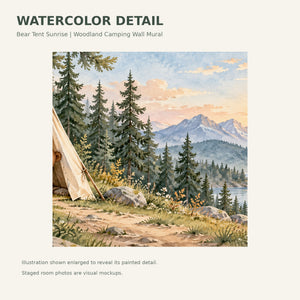 Watercolor Bear Tent Sunrise Camping Wall Mural, image 4