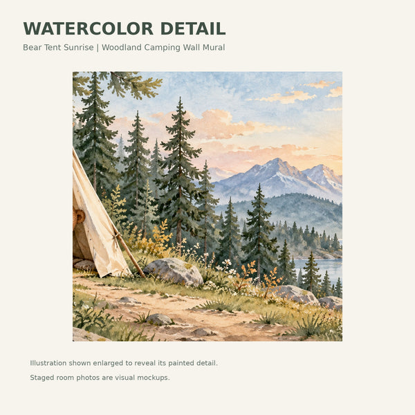 Watercolor Bear Tent Sunrise Camping Wall Mural, image 4