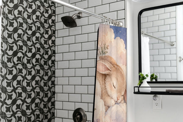 Cloud Bunny shower curtain in a modern farmhouse bathroom with subway tile