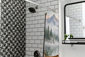 Canoe Lake Camping shower curtain in a modern farmhouse bathroom with subway tile