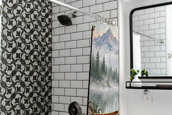 Canoe Lake Camping shower curtain in a modern farmhouse bathroom with subway tile