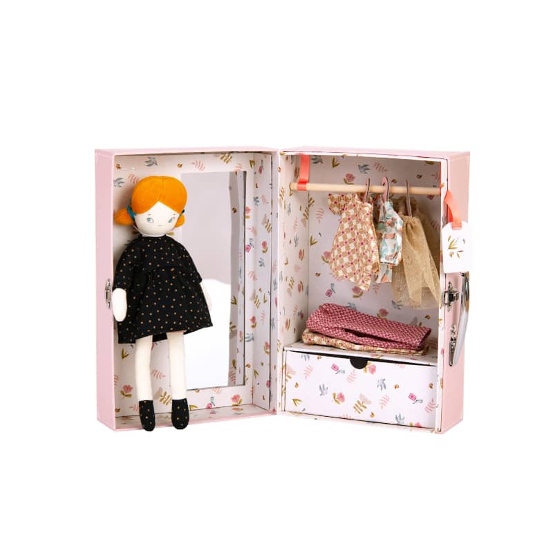 "Blanche’s Wardrobe doll suitcase by Moulin Roty, perfect for imaginative play and storage."