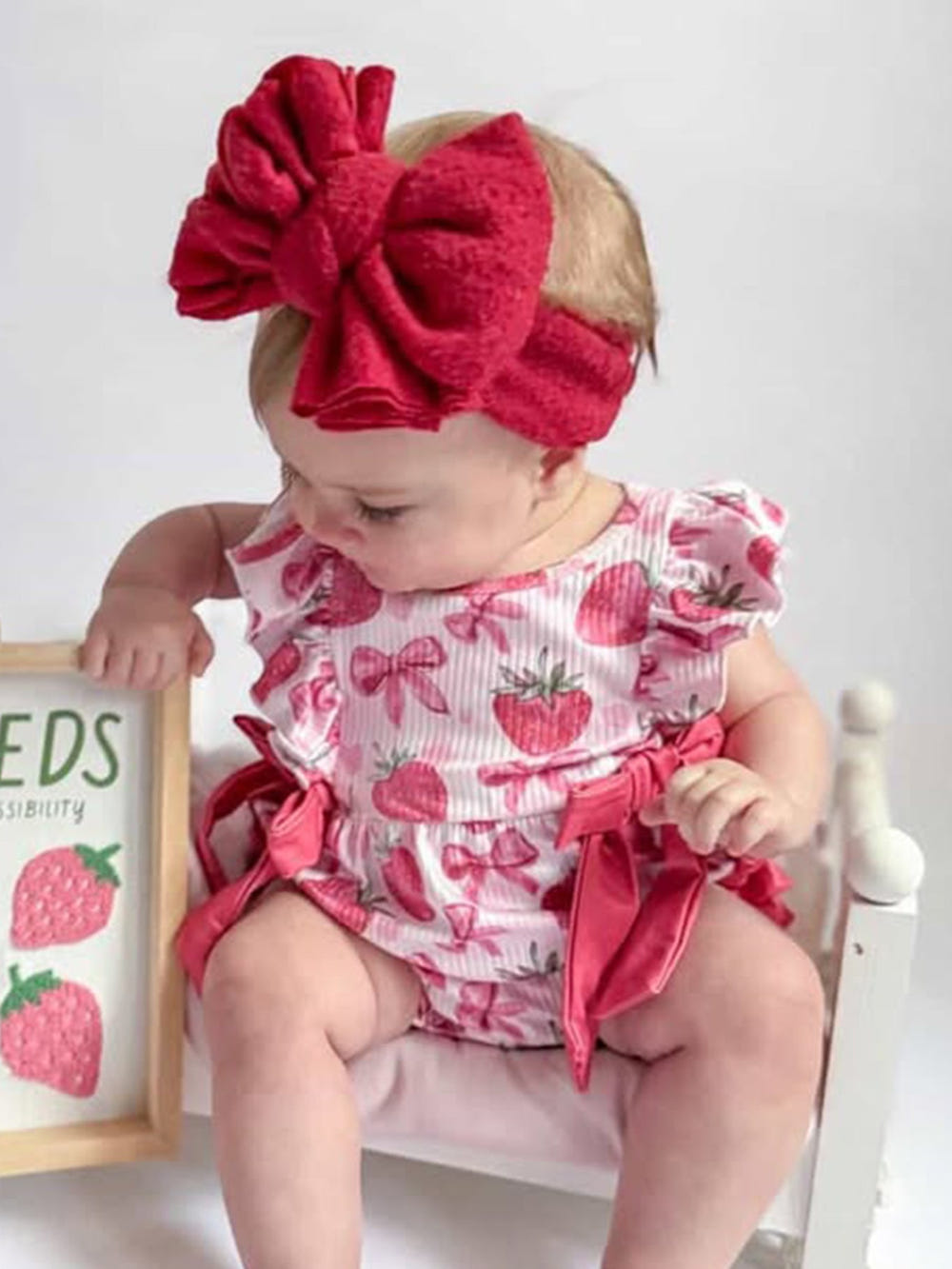 Summer Strawberry Bow Baby Girl Romper