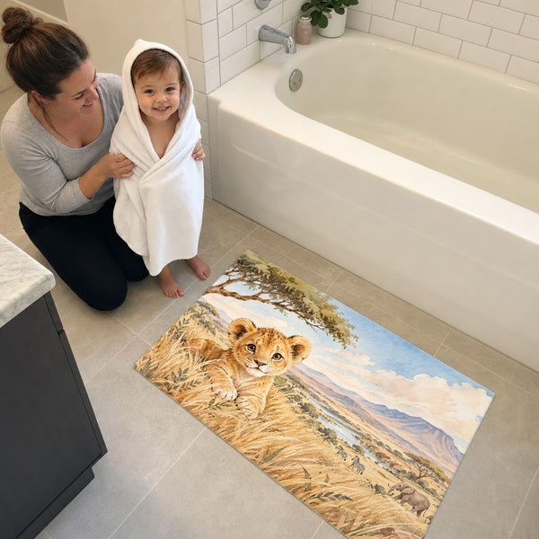 Mom and toddler in a hooded towel next to the Lion Cub Safari bath mat