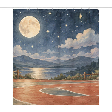 Moonlit Court Basketball shower curtain, full front view of the 71 x 74 in fabric curtain