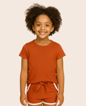 All-Day Tee in Chili for babies, shown from angle 3, featuring a vibrant red color and soft fabric.