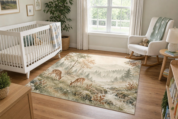 Grazing Fawns area rug in a calm nursery with a white crib