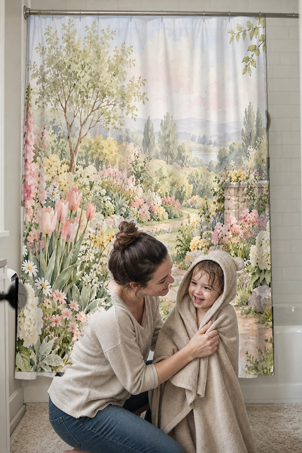 Cottage Garden Path shower curtain, full front view of the 71 x 74 in fabric curtain