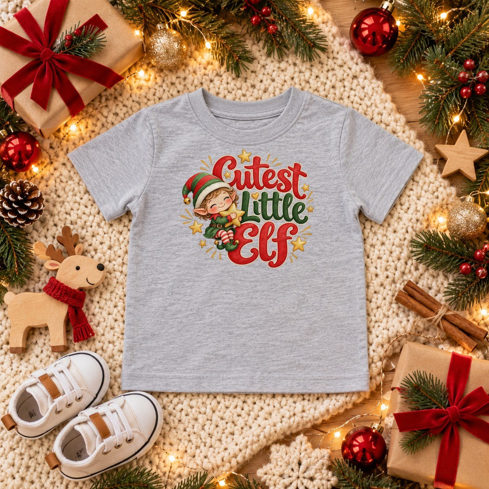 Cutest Little Elf toddler t-shirt in white, Christmas flat lay