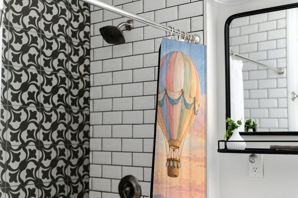 Sunset Flight Hot Air Balloon shower curtain in a modern farmhouse bathroom with subway tile