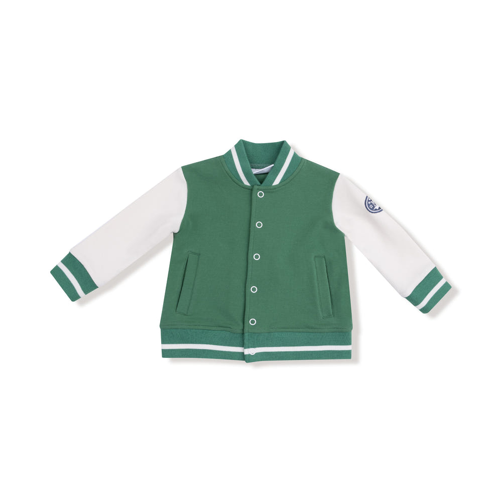 Green varsity letterman jacket for babies, stylish and cozy outerwear for little ones.