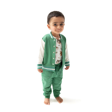 Green varsity letterman jacket for babies, stylish and cozy outerwear for little ones.