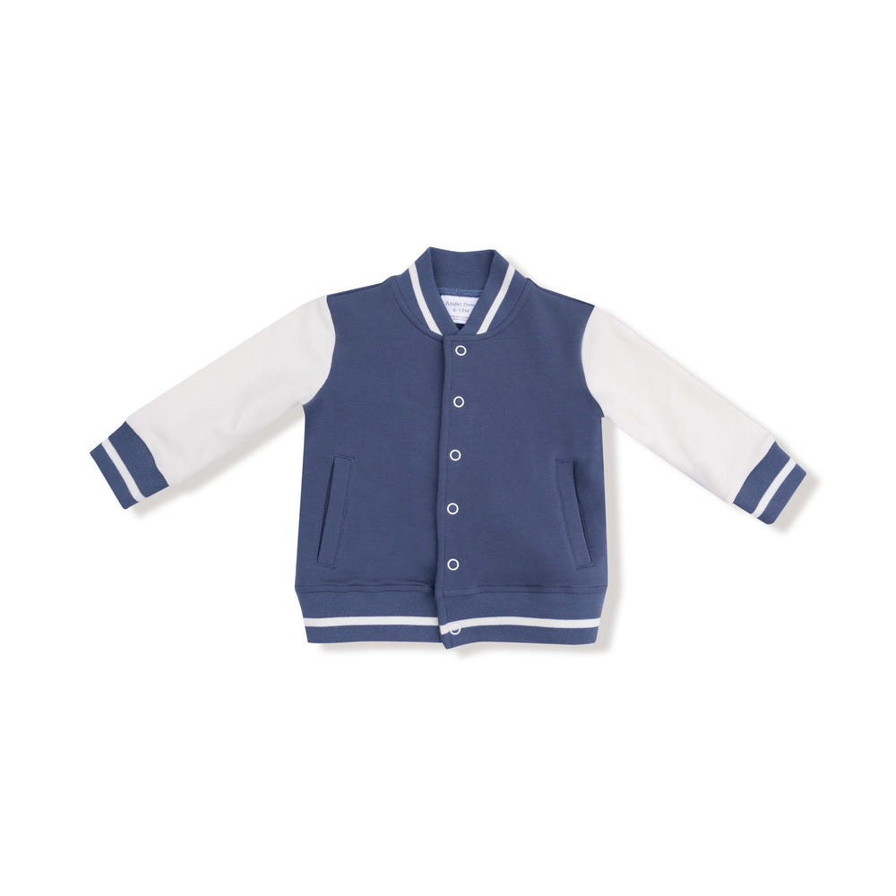 Vintage indigo varsity letterman jacket for babies, stylish and cozy outerwear for little ones.