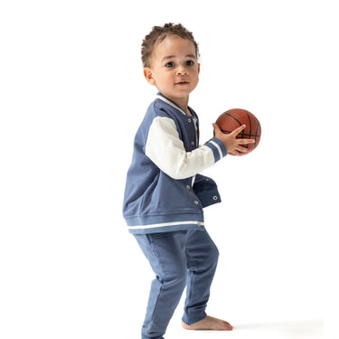 Vintage indigo varsity letterman jacket for babies, stylish and cozy outerwear for little ones.