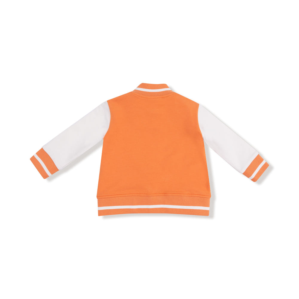 Orange varsity letterman jacket for babies, stylish and cozy outerwear for little ones.